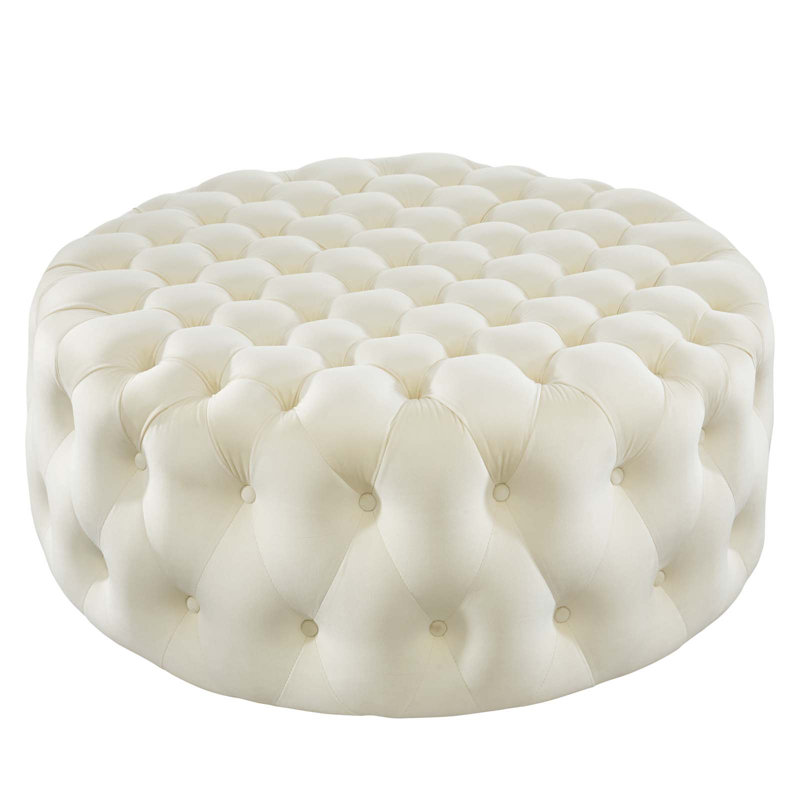 Amour 40'' Ivory Velvet Tufted Large Round Ottoman