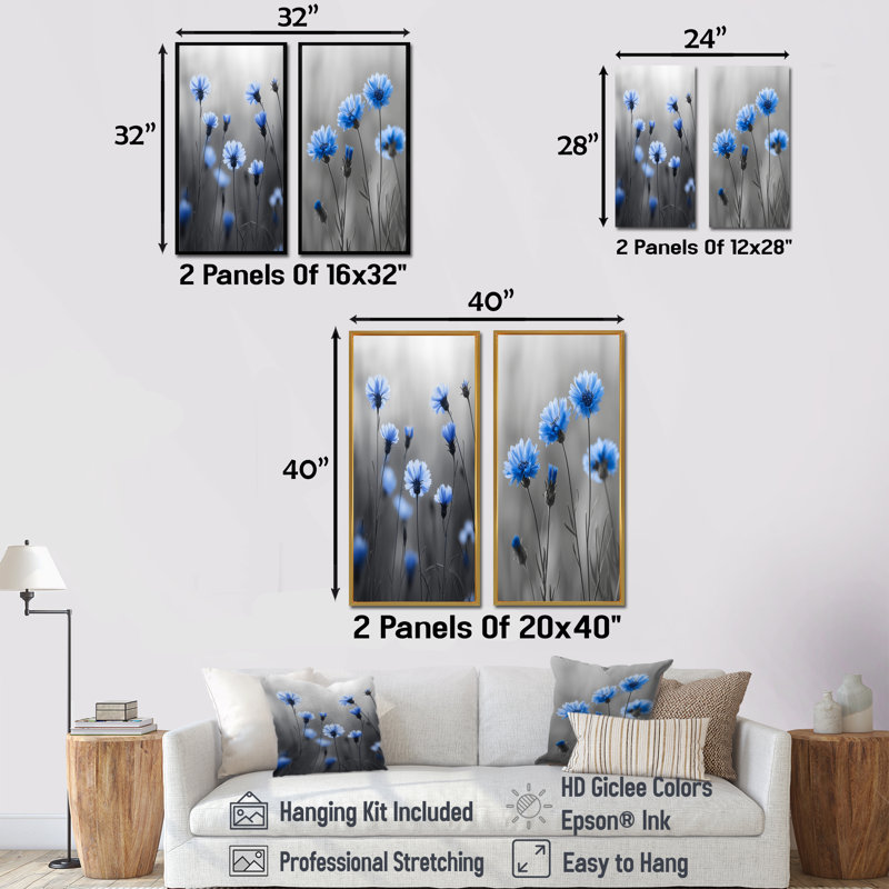 Meadows Of Blue Cornflowers I - Cornflowers Wall Art 2 Pieces Set, Toile tendue, H 28 po x l 24 po