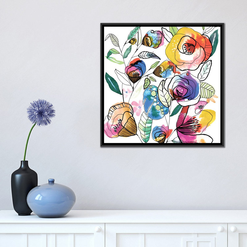 « coloured fleurs », reproduction sur toile, H 18 po x l 18 po x P 1,5 po, Toile avec cadre noir, Pas de tapis