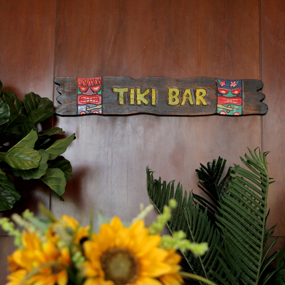 39-Inch Long Hand-Carved and Hand-Painted Wooden Tiki Bar Wall Hanging Sign Bay Isle Home™