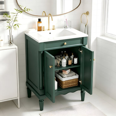 Ensemble de meuble-lavabo simple 24 po avec lavabo intégré en céramique, meuble de rangement pour salle de bain autoportant à 2 niveaux vert moderne avec tablettes de rangement fermées spacieuses, meuble de lavage autoportant pour l'organisation quotidienne de salle de bain résidentielle