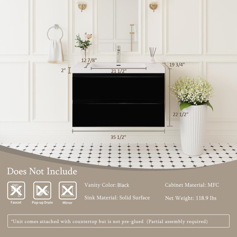 36" Floating Bathroom Vanity Modern Wall-Mounted Single Vanity with Integrated Resin Top, 2 Soft Close Drawers, Full Assembly