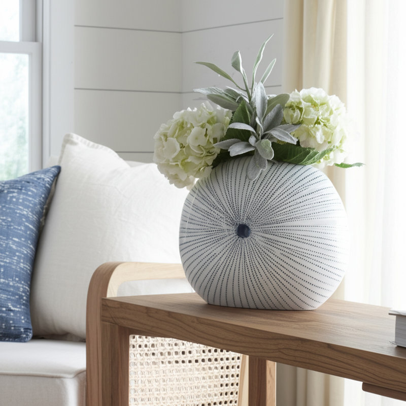 Handmade Stoneware Table Vase, 9" H x 10" W x 4" D, White/Blue
