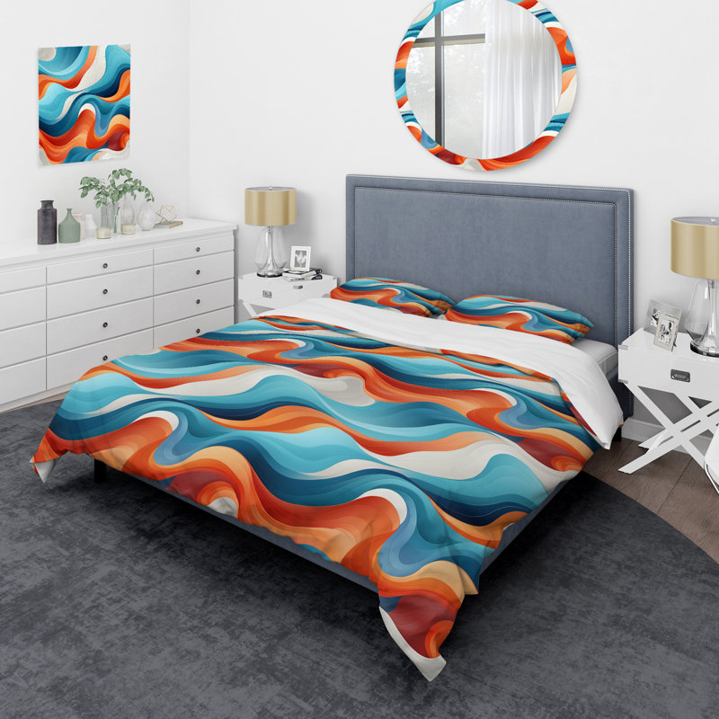 Blue And Orange Swirling Harmony Waves IV Polyester Abstract Duvet Cover Set, Queen Duvet Cover + 2 Standard Shams