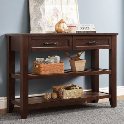 Console Mid-Century 42 po - Buffet en bois massif avec 2 tiroirs de rangement et 2 tablettes à niveaux, brun pour le salon, l'entrée, le couloir ou la salle à manger