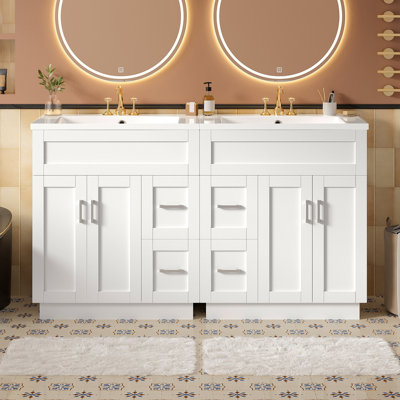 [Vidéo] Meuble-lavabo de 60 pouces avec 4 portes d'armoire, 4 tiroirs, 2 tablettes réglables, deux lavabos en résine SMC, des tiroirs cachés à fermeture en douceur et des charnières à fermeture en douceur