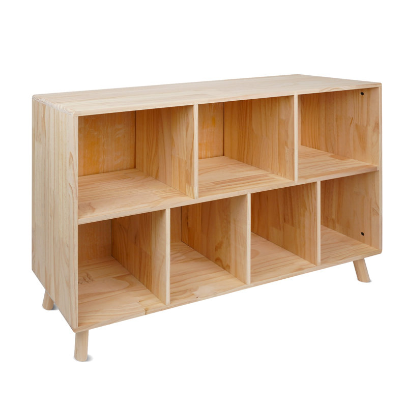 Armoire de rangement en bois de pin massif à 7 compartiments - Bibliothèque et organisateur de finition naturelle avec tablettes fixes pour chambre d'enfant, bureau et vestibule
