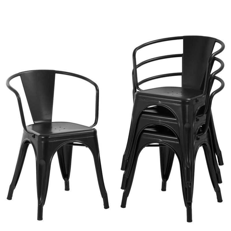 Metal Stackable Dining Chairs, 4-Pack, (Black), Black