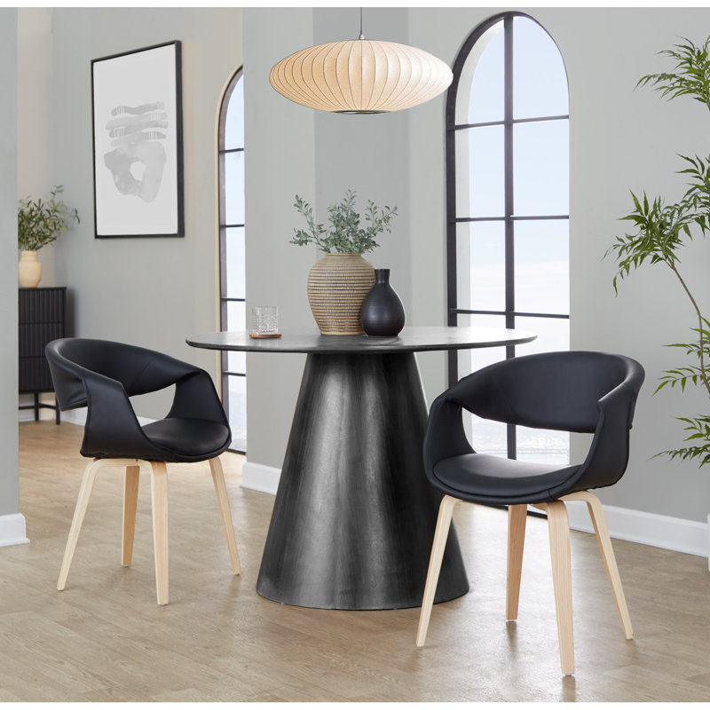 Upholstered Chair In Whitewashed Wood And Light Grey Faux Leather - Set Of 2, Black, Bois naturel