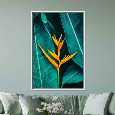 Elegantly Printed Tropical Flower Canvas Art with Green Leaves,1P WhiteFramedCanvas