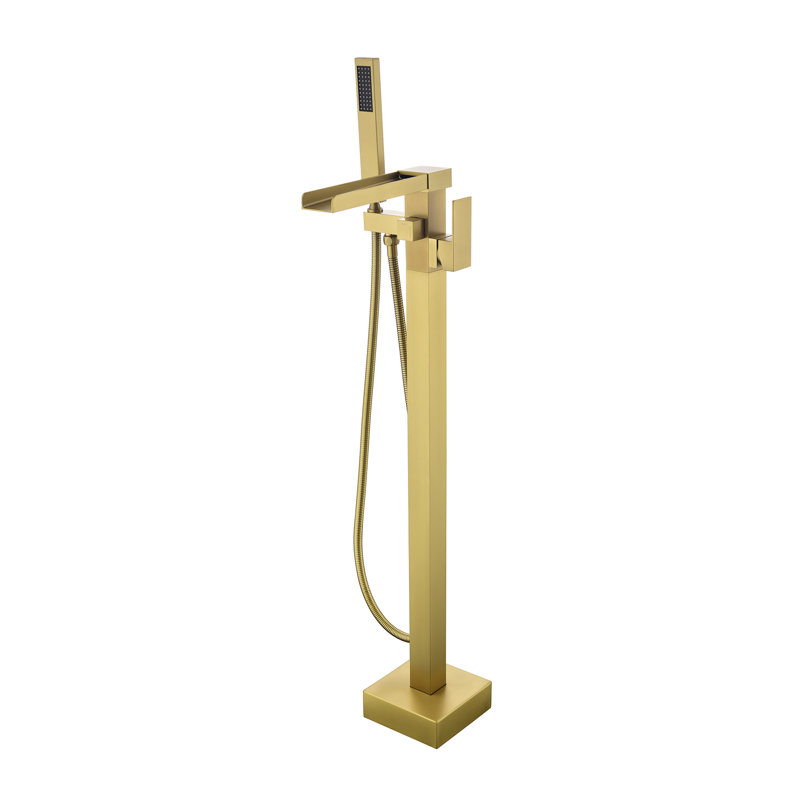 34.72“ Solid Brass Freestanding Bathtub Faucet, High Flow Waterfall Floor Mount Tub Filler, Brushed Gold