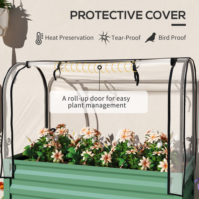 Green Galvanized Steel Raised Garden Bed with Cover and Storage Shelf