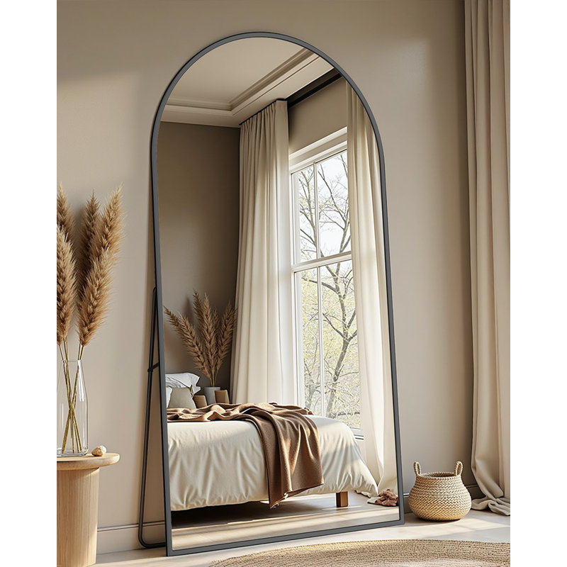 Arched Black Floor Mirror With Stand, 38x77 Inch Freestanding Full Body Mirror For Bedroom, Black, 82" x 44"