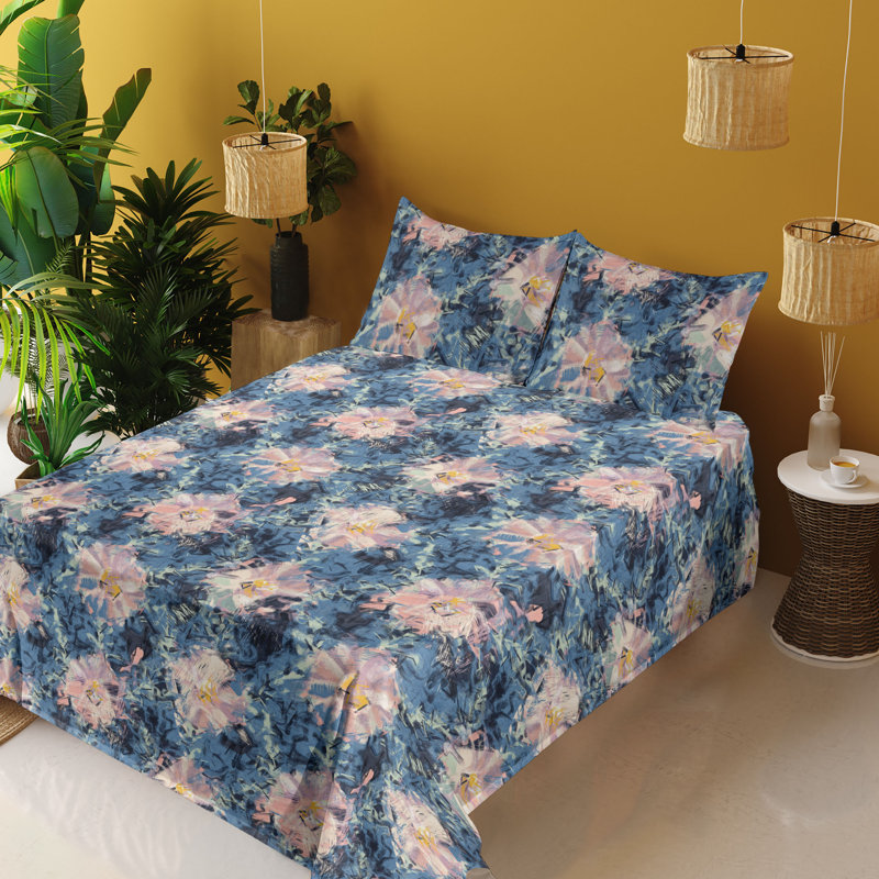 Ambesonne Watercolor Botany Sheet Set 4 Pcs Retro Boho Bloom, Slate Blue/Blush Floral, Full Sheet Set with 2 Pillowcases