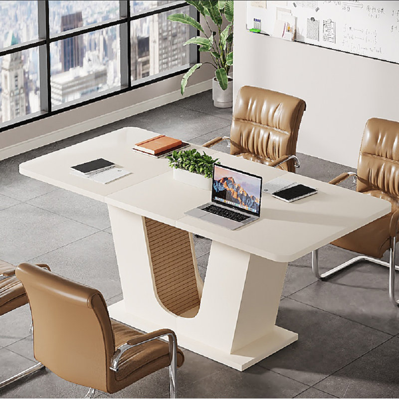 55" White Conference Table, Rectangle Small Meeting Table Seminar Table for 4-6 People