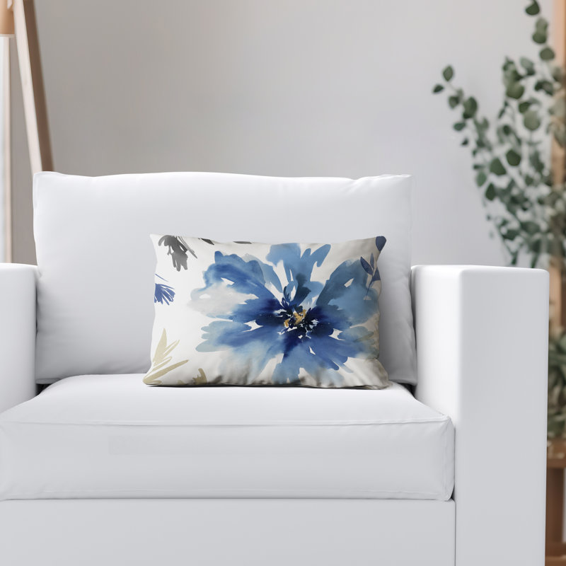 Coussin floral avec polyester de qualité supérieure, Blanc / Indigo, Rectangle H 20 po x l 14 po