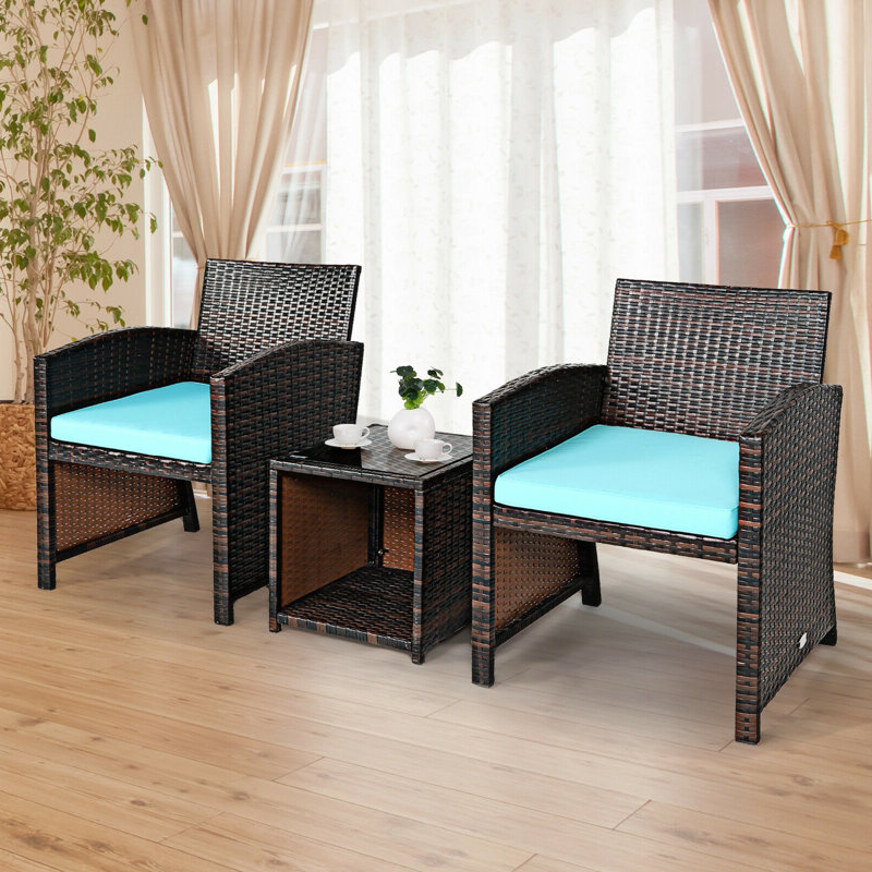 2 - Person Patio Conversation Set with Cushions, Turquoise