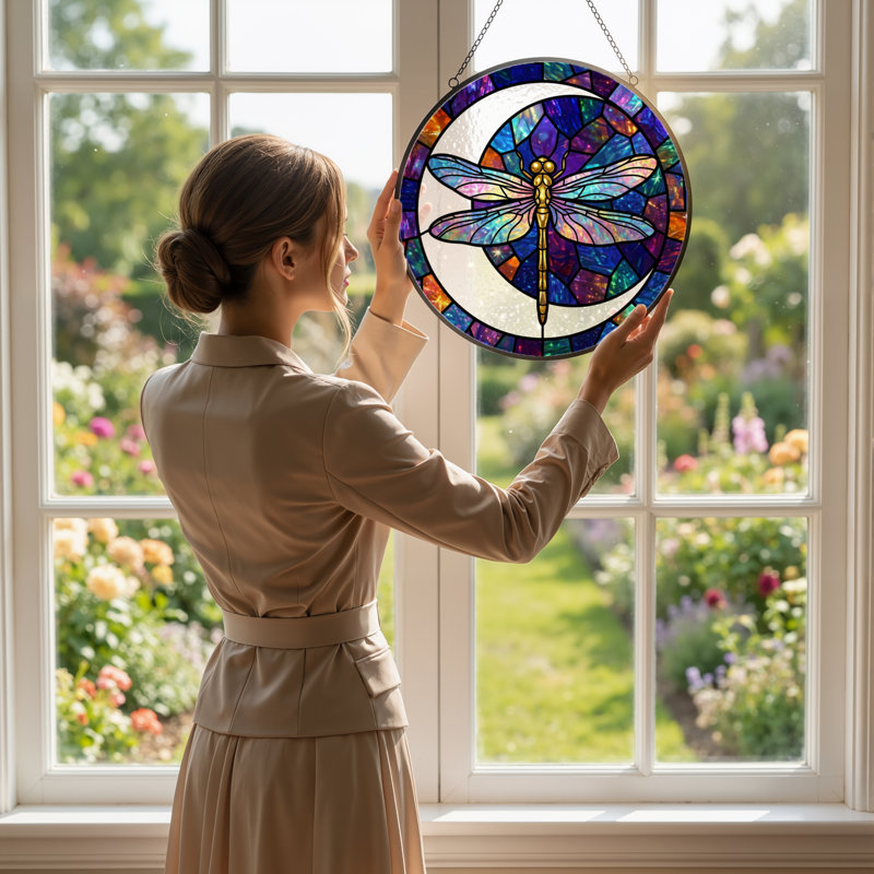 12"H Dragonfly Stained Stained Glass Window Panel, 12" H x 12" W