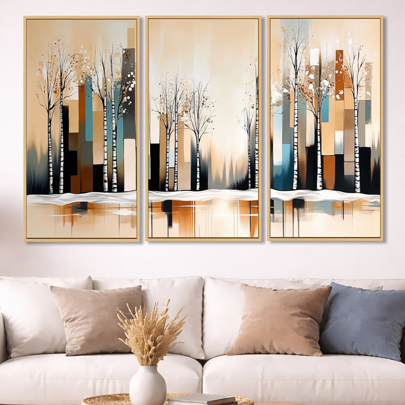 «Birch Tree Forest in Snow - Woodland», ensemble d'art mural encadré, H 40 po x l 60 po, Cadre naturel flottant