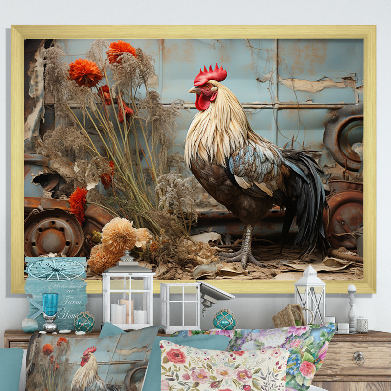 Poulet Barnyard Serenade - Reproduction d'art mural animaux, H 30 po x l 40 po x P 1,5 po, Cadre doré simple