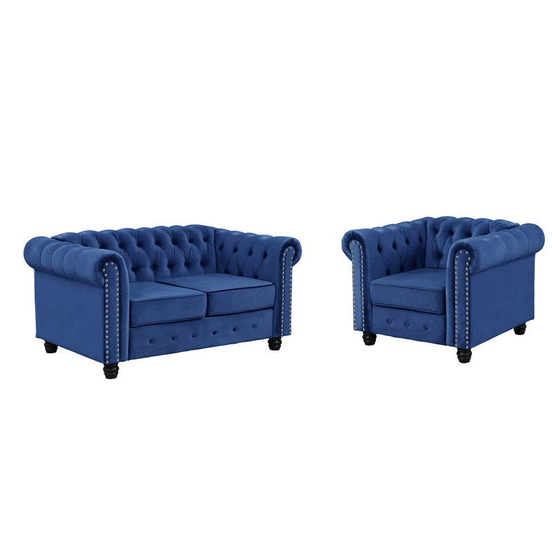 Ensemble de salon 2 pièces Trapeza, Velours bleu clair