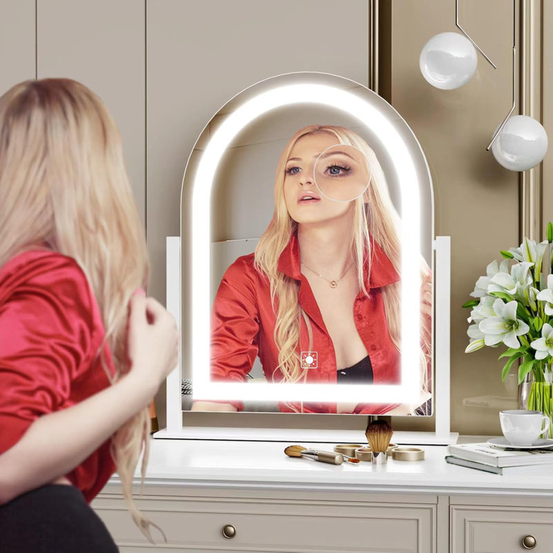 Miroir de maquillage courbé et éclairé, miroir de coiffeuse éclairé Smart Touch, Doré, 17,2 po x 13,6 po