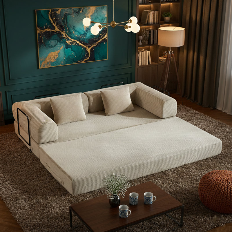Canapé-lit convertible 77,9 po avec coussin cylindrique - 4-en-1 - Velours côtelé noir, Beige