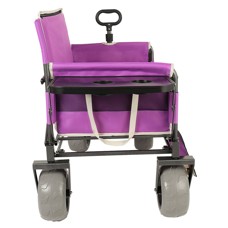 3-in-1 Collapsible Wagon Converts to Bench Convertible Folding Wagon Cart with Rear-Mounted Folding Tabletop, 500lbs Heavy-Duty, 180L Capacity for Camping, Beach, Garden, Fishing-Purple