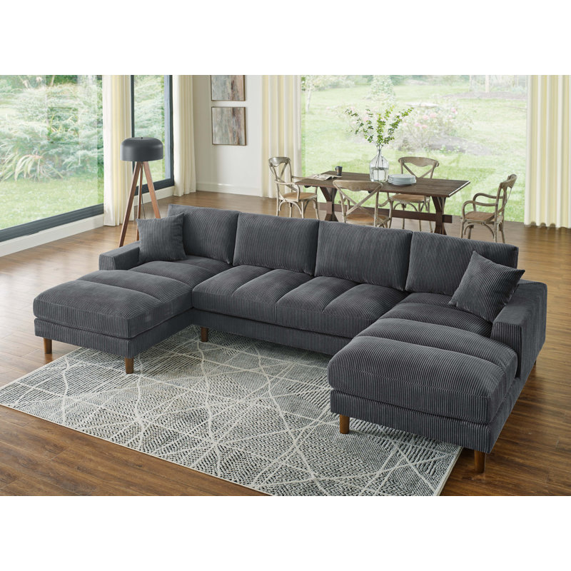 Corduroy U-Shaped Sectional Symmetrical, Dark Gray Corduroy