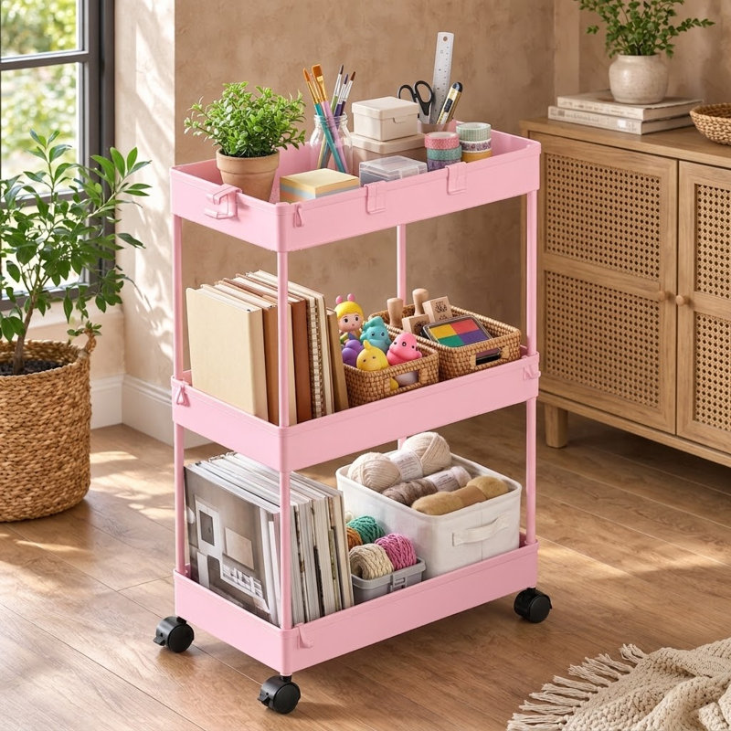 Chariot à roulettes rose à 3 niveaux facile à assembler avec 3 paniers suspendus pour les bureaux, les salons et les cuisines