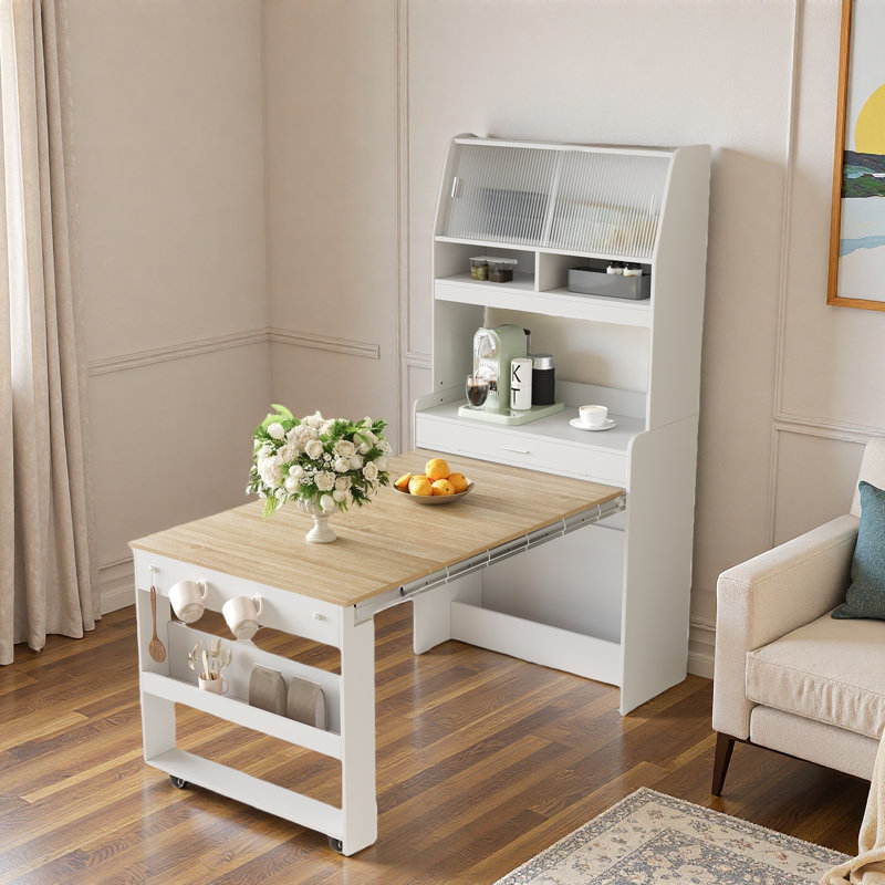 Buffet avec table de salle à manger pliable, armoires, tablette de rangement et crochets latéraux, Blanc/naturel