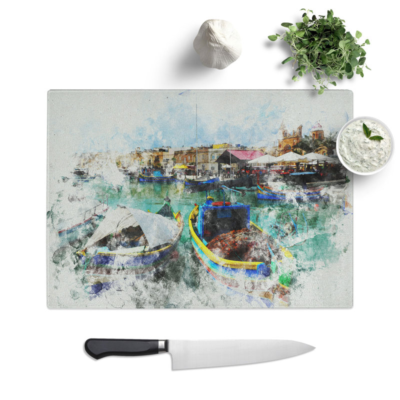 Fishing Boats in Malta Watercolour Chopping Board, 0.4cm H x 28.5cm W x 39cm L