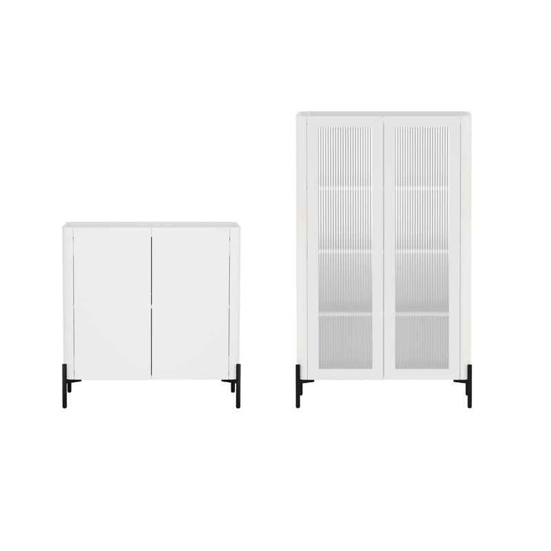 Abbey 2-Piece Modern Accent Cabinet and Décor Ribbed Tempered Glass Cabinet with Adjustable Shelves in White, White