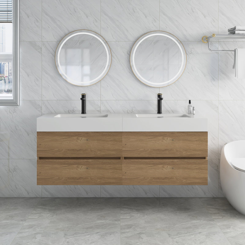 Meuble-lavabo de 60 po avec lavabo en quartz d'ingénierie et tiroirs noirs doux, 60"