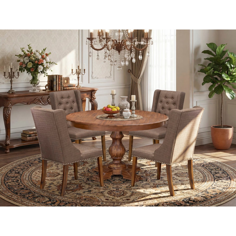 L'ensemble de table de salle à manger 5 pièces comprend une table de cuisine moderne et 4 chaises en tissu de lin brun avec dossier capitonné, noyer antique
