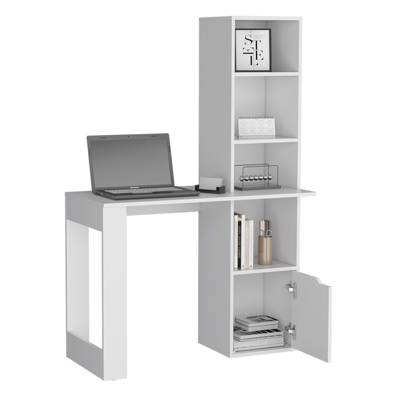 Bureau d'ordinateur Iowa avec 1 armoire et bibliothèque à 4 niveaux, Blanc