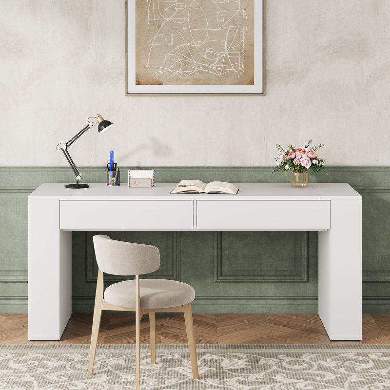 63-Inch Computer Desk With 2 Drawers, Cream White