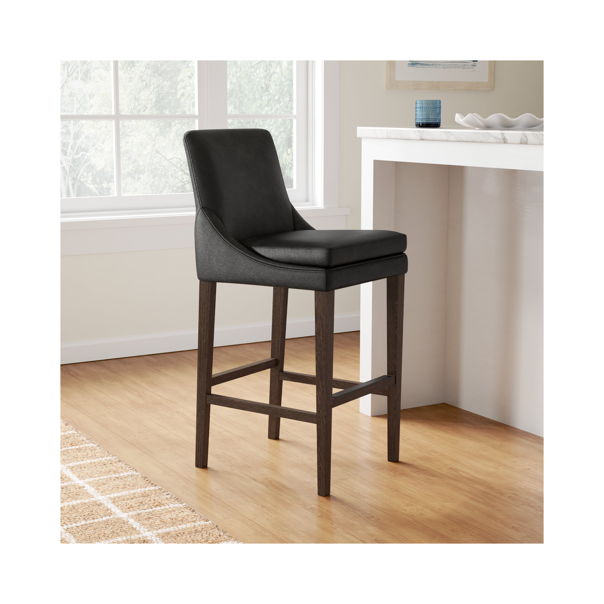 Niara Upholstered Leather Counter & Bar Stool, Impression Dark Gray Genuine Leather/Dark Brown, Bar Stool (30” Seat Height)
