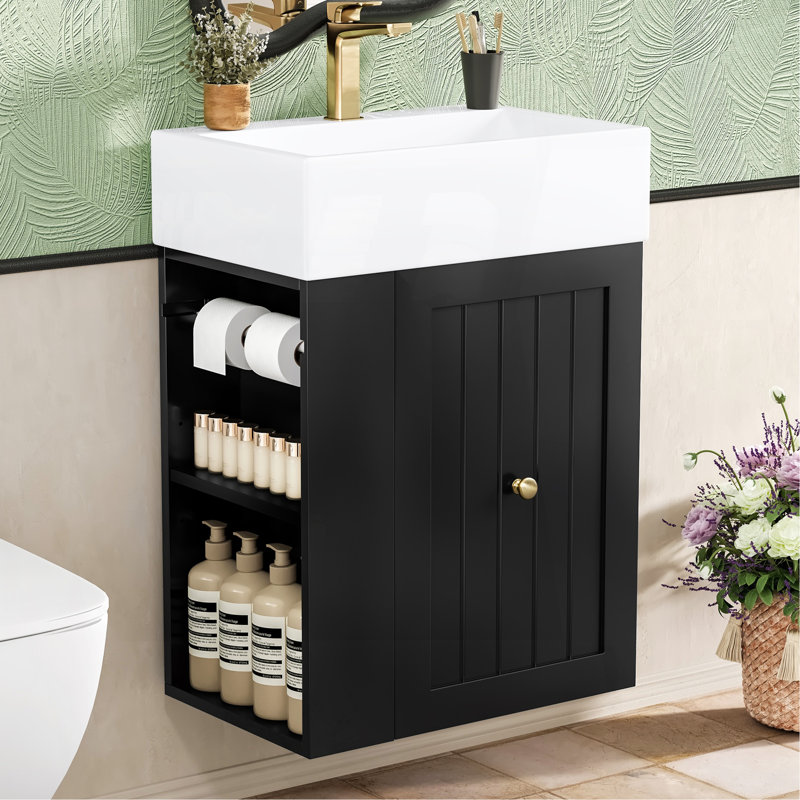 Meuble-lavabo de 20 pouces avec lavabo en céramique, armoire de rangement en panneau de fibres à densité moyenne avec tiroir, tablette latérale et poignée dorée - meuble-lavabo moderne pour les petites salles de bain