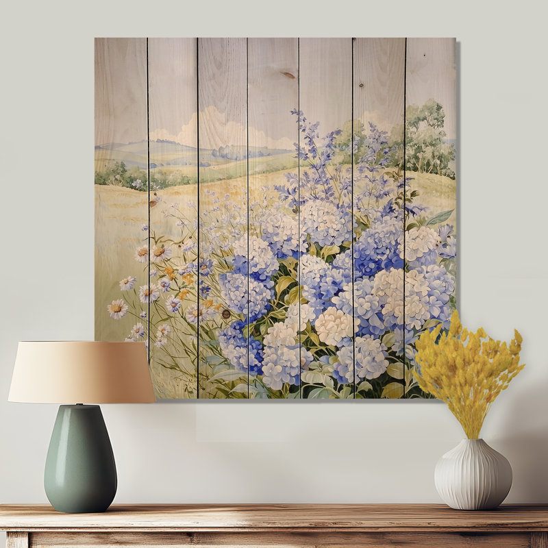 Rolling Hills And Wildflowers I - Décoration murale paysage en bois sur bois de pin naturel, H 15 po x l 15 po
