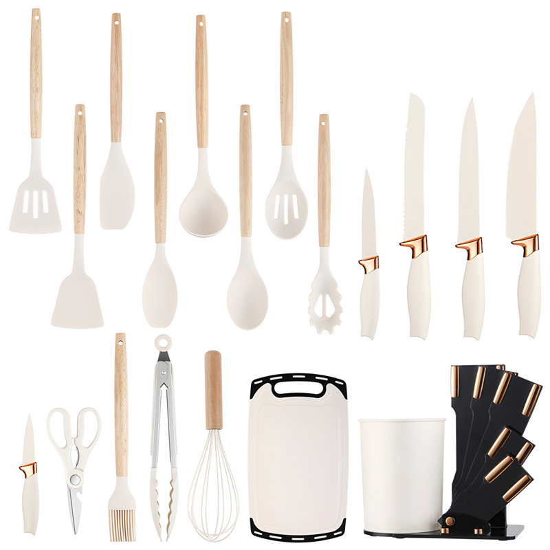 Ensemble 19 pièces d'ustensiles de cuisine en silicone et bloc avec couteaux