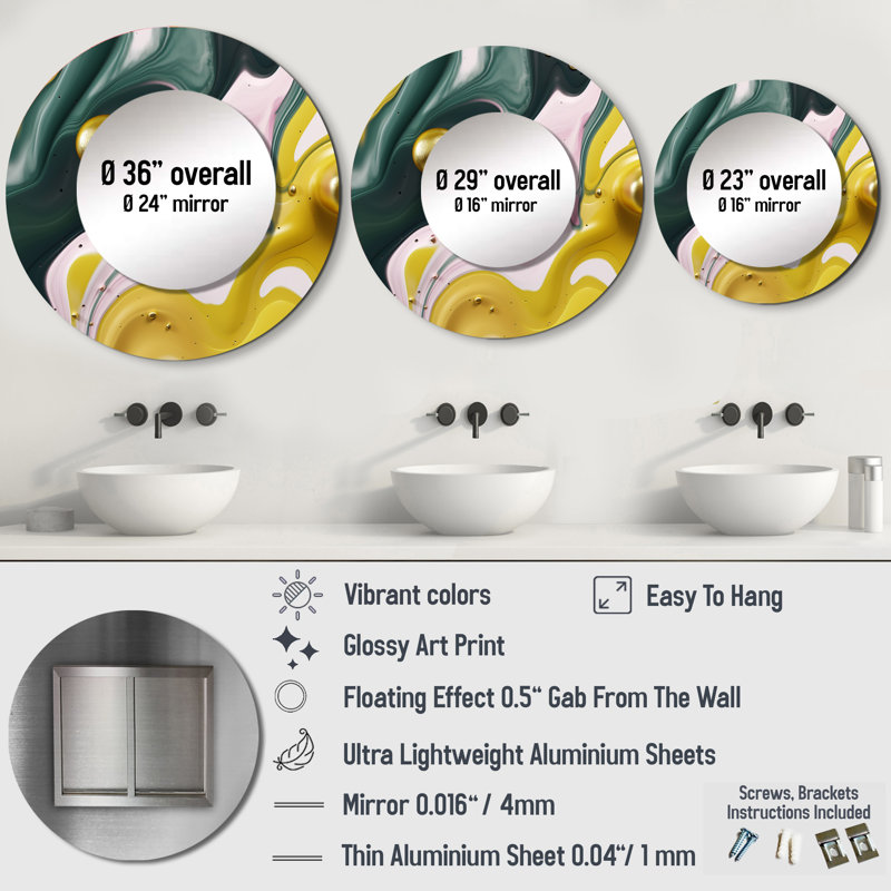 Shoniqua Yellow And Green Fluid Stone II - Marble Decorative Wall Mirror, Yellow Round Mirror, Printed Metal Art, 23" x 23"