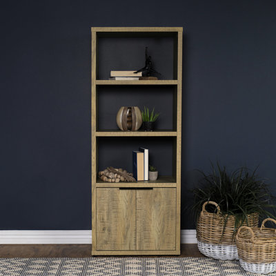 3 tablettes, bois d'ingénierie, tour média, couleur manguier, présentoir ouvert, photos, œuvres d'art, armoire dissimulée, figurants, finitions impeccables, tablettes arrière, art, deux cordons de porte, jeux