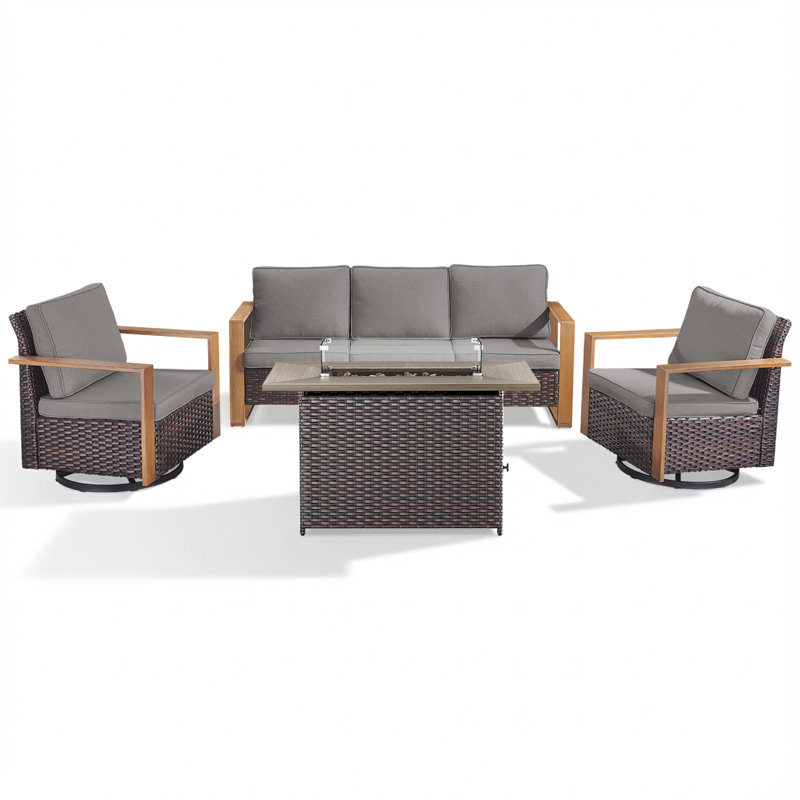Ensemble de conversation pour foyer d'extérieur moderne en rotin 4 pièces avec canapé et fauteuil pivotant, Gris, Brun
