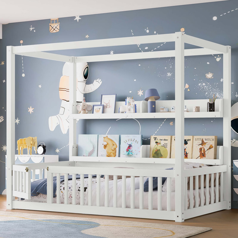 Lit à baldaquin simple avec garde-corps, lit en bois massif avec tablettes, cadre de lit Montessori pour enfants, garçons, filles, sans sommier, blanc
