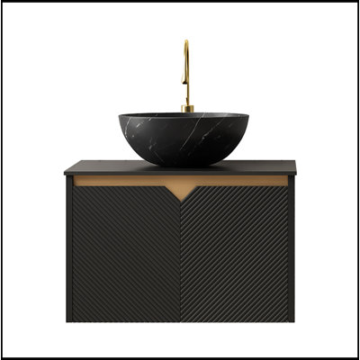 Bathroom Vanity&sink, Wall-mounted Floating Plywood Storage Cabinet, Twill Double Doors With Metal Trim, Black Bowl Ceramic Vessel Basin With Stone Pattern&black Top