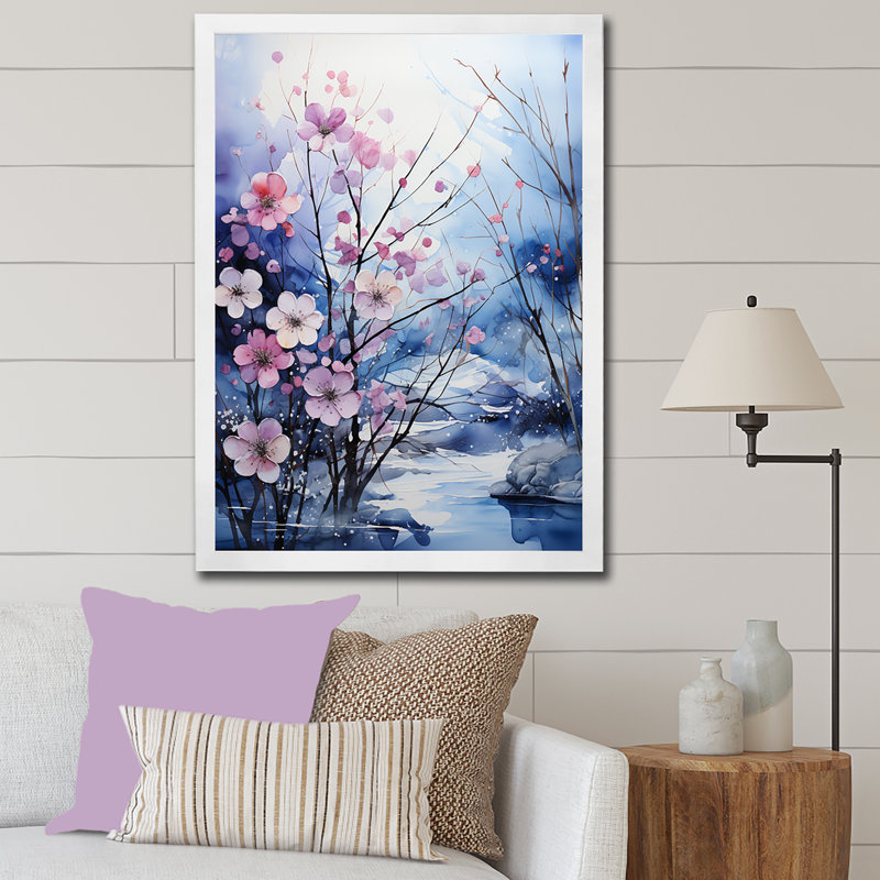 " Frosty Blue River Landscape ", 32" H x 16" W x 1" D, White Single Picture Framed
