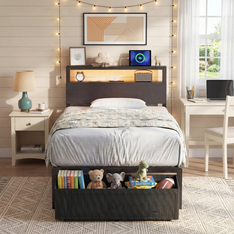 Base de lit de taille simple avec 2 tiroirs de rangement et tête de lit, lit plateforme avec lumières à DEL et station de charge