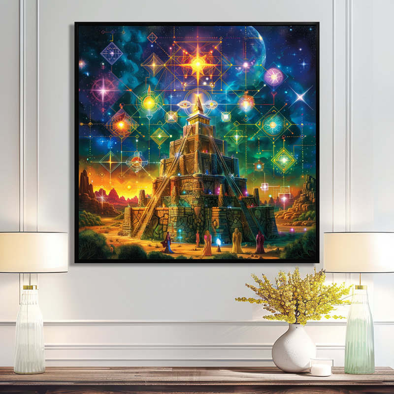 Rainbow Magic Pyramid - Abstract Landscape Wall Art Living Room, 16" H x 16" W, Black Floater Framed