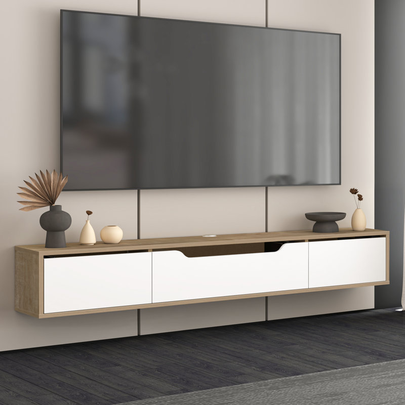 Meuble télé flottant Luna pour console média murale jusqu'à 80 po, Bois naturel / blanc